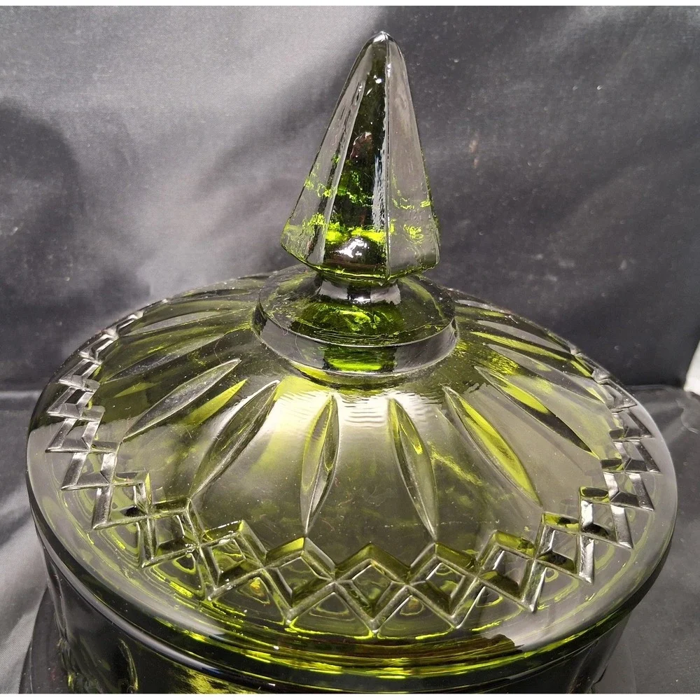 Vintage Olive Green Pressed Glass Candy Dish Lid Diamond Point Thumbprint Jar